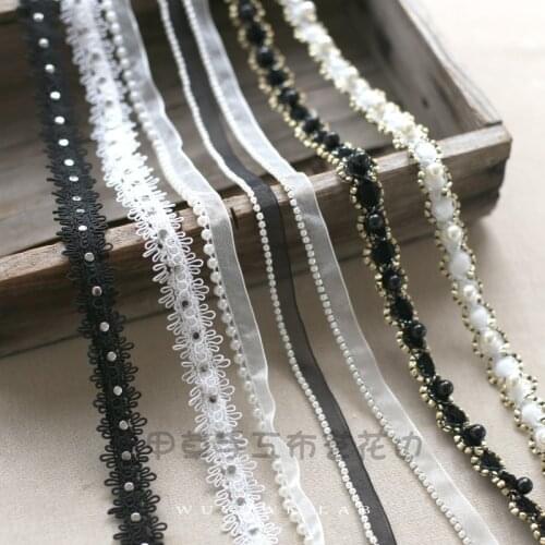 2Meters White Black Pearl Bead Rhinestone Lace Ribbon Tape Lace Fabric Trim DIY Sewing Garments Handmade Clothing Accessories