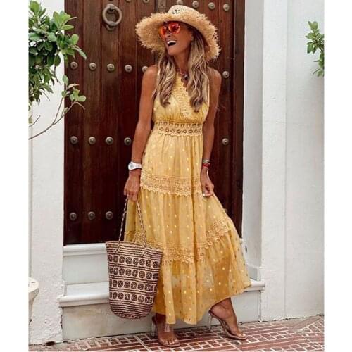 Summer Chiffon V Neck Maxi Dresses Women Retro Dot Splicing Casual Boho Beach Sundress 2021 Sexy Party Sleeveless A Line Dress