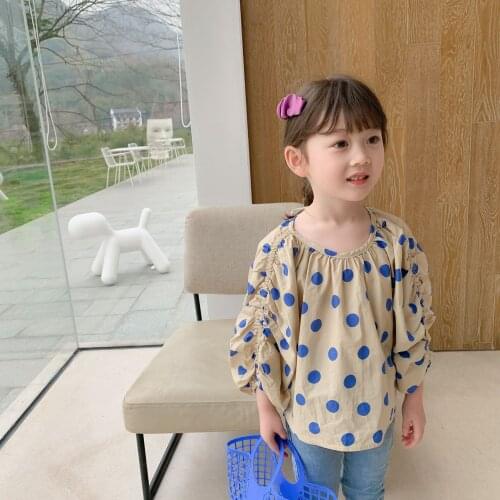 Girls Cute dot loose long sleeve casual blouses Spring autumn cotton Tops