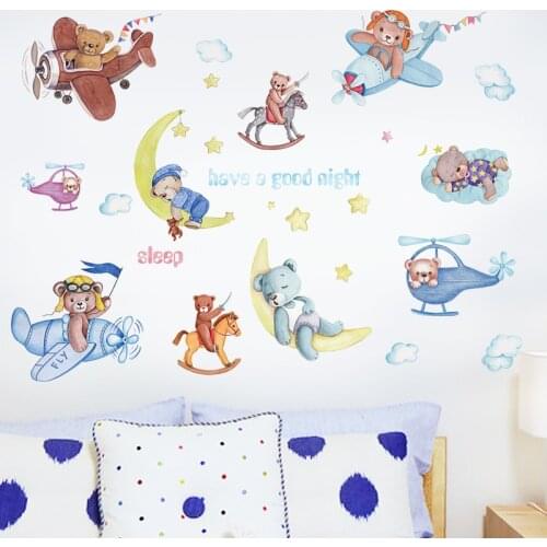 Cute Sleep Bear Wall Stickers for Kids room Wall Decor Fly in the Sky Aircraft Decals PVC Wall Sticker Murals Home Decoration