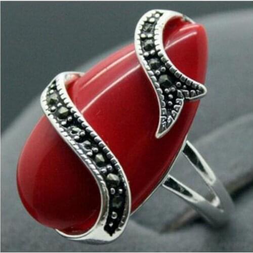 Fashion jewelry wholesale Unique 10X20mm Red Carved Lacquer Marcasite 925 Sterling Silver Lady Ring 7-10