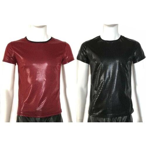 Fashion T Shirts Men Sexy Patent Leather Fitness Tops T-shirt Tees Mens Stage T-shirt O-Neck Sexy Men Casual Clothes