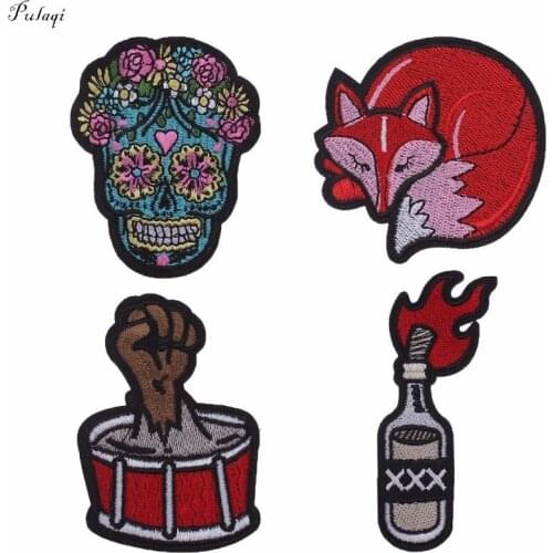 Pulaqi Fuel Oil Bottle FOX Patches Iron On Clothes T-shirt Overcoat Hurt Animal Skull Drum Patch For Kids Men Decoration F
