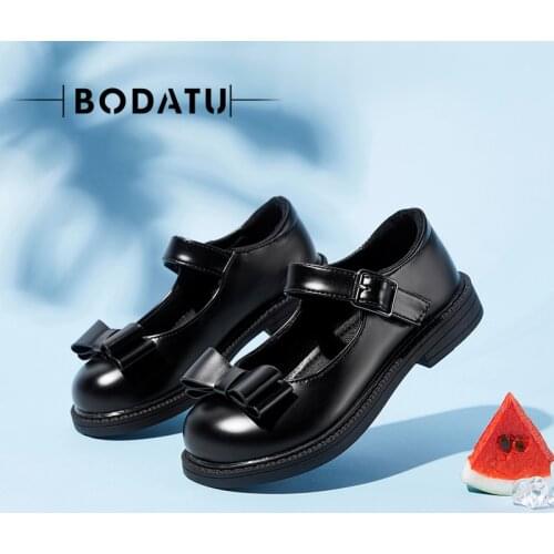 2021 New Childrens Shoes Girls Leather Shoes Lovely Bow Princess Shoes Childrens Flat Black Leather Casual Sandals Size 27-37