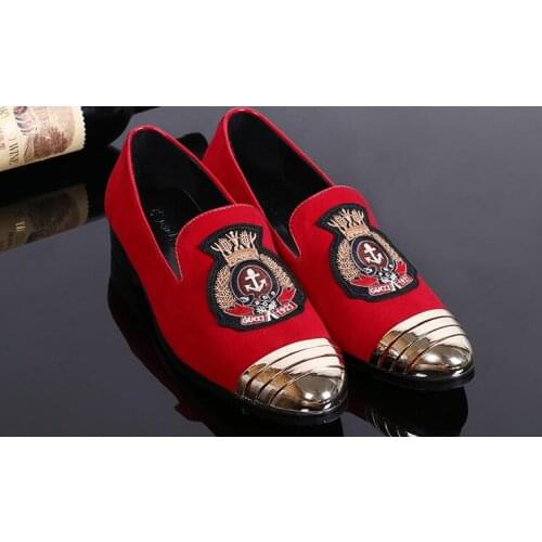 New Style Metal toe with red handwork embroidery Smoking Slipper Mens party and wedding Flats shoes