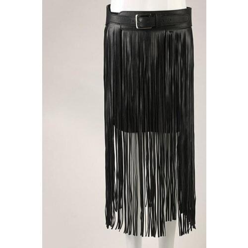 New design Hippie Boho Fringe Tassel Black Faux Leather Ladies Belt All Matching High Waist Fashion Women Long Belts H-00T