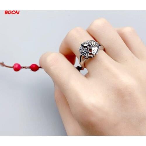 Real 925 sterling silver every year there are fish lotus ring female opening retro style ethnic female models handmade adjustabl