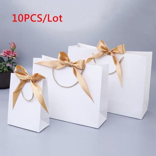 10Pcs Luxury Gift Bag Boxes Bow Ribbon Black Simple Paper Gift Bag Kraft Paper Candy Box Wedding Birthday Party Gift Package Bag