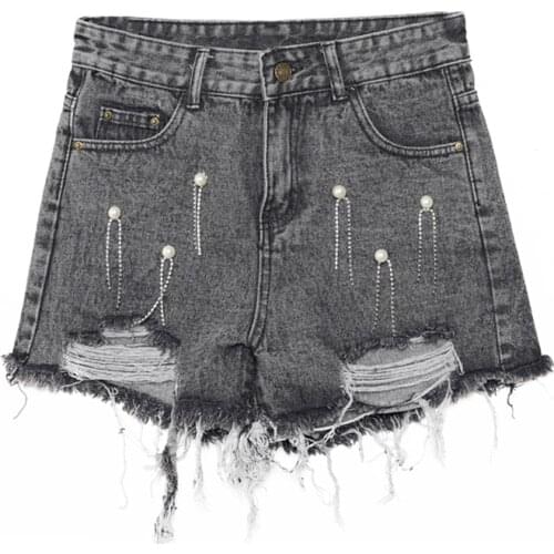 High Quality Womens Loose Casual Shorts Ladies Ripped Pearls Tassel Hole Denim Shorts High Quality Wash Jeans With Pockets