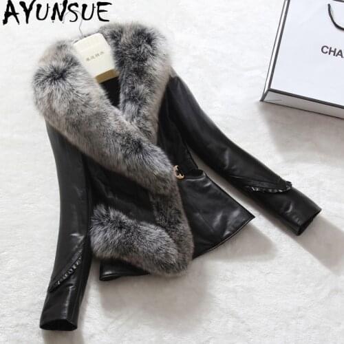 AYUNSUE Real Leather Jacket Winter Coat Women Real Fox Fur Collar Down Jacket Women Genuine Sheepskin Coat Chaqueta Mujer X-5566
