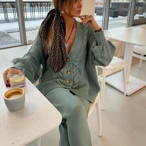 CKKAGO Womens Knitting Suit Two Piece Set Cardigan Sweater High Waist Pants Casual Tracksuit Woman Winter Female Suits