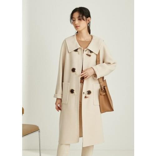 2021 spring new double-sided tweed womens medium and long ox horn buckle 100 wool tweed coat wool coat