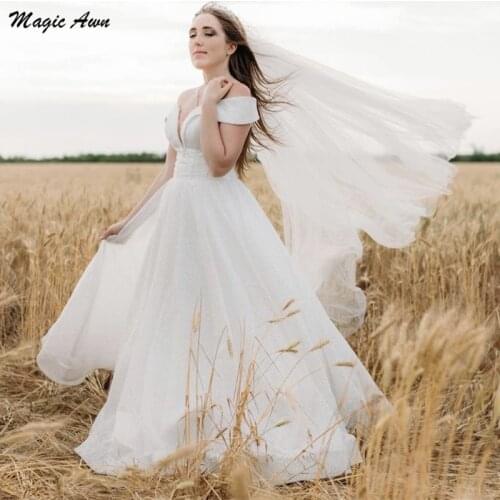 Magic Awn Shiny Off The Shoulder Princess Wedding Dresses 2021 Bohemian Glitter Wedding Party Dress A-LineLace Up Back Vestidos