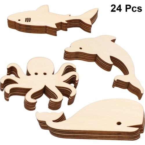 24pcs Of 4 Style Marine Animals Pieces Wooden Button Adorable Wood Slice Decorative Chip Home DIY Octopus Whale Shark Dolphin