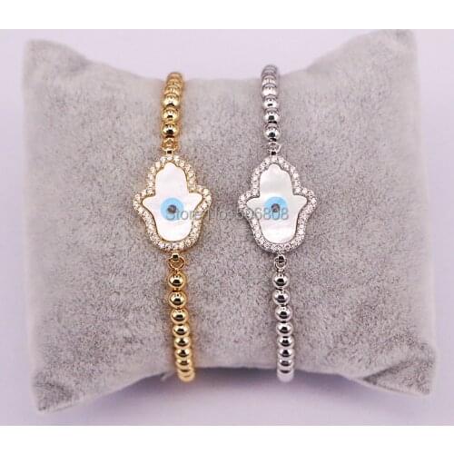 10PCS Zyunz Jewelry Hamsa Fatima Hand charm Bead Bracelet Micro Pave CZ Eye Shell Connector Bracelets Mens Couple Bracelet