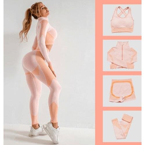 2/3/4PCS Women Fitness Sport Yoga Suit Seamless Yoga Sets Women Breathable Gym Suits Long Sleeve Workout Leggings Bra Shirt