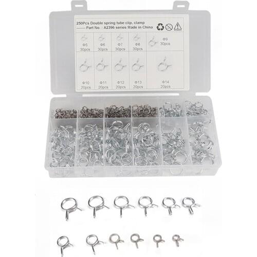 250PCS/Box Automobile Double Wire Fuel Line Silicone Hose Tube Spring Clips Φ5-Φ14 Clamp Assortment Kit Car Accessories