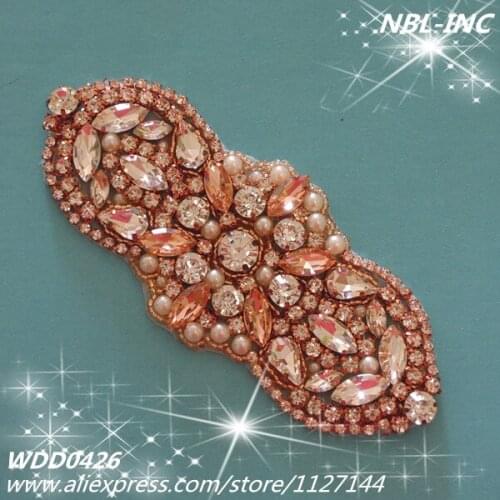 30 pieces) Rose gold crystal bridal beaded rhinestone applique for wedding dress sash DIY iron on WDD0426