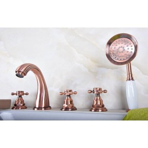 Antique Red Copper Brass Widespread Three Handles Deck Mounted 5 Holes Bathroom Tub Faucet Mixer Tap With Handshower mtf183
