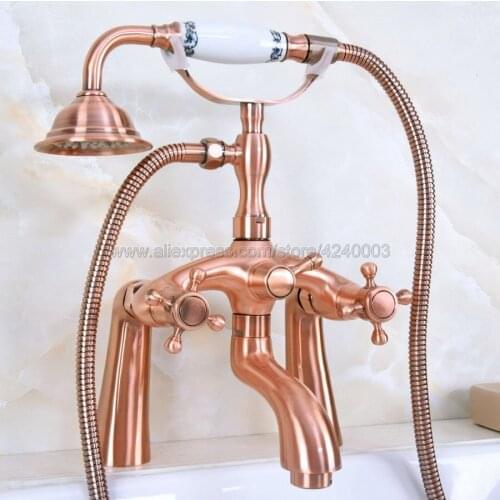 Antique Red Copper Bathtub Faucet Deck Mount with Handheld Shower Bathroom Tub Mixer Taps Kna155