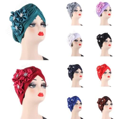 Big Flower Muslim Women Indain Hat Scarf Caps Chemo Turban Islamic Head Cover Party Evening Bonnet Pleated Vintage Elegant Hat