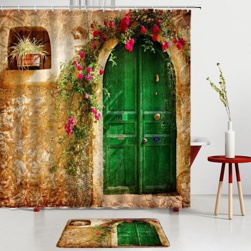 Retro Wooden Door Shower Curtains Bathroom Set Bath Mats Flower Plant Entrance Door Mat Room Decoration Screen Non-Slip Carpet