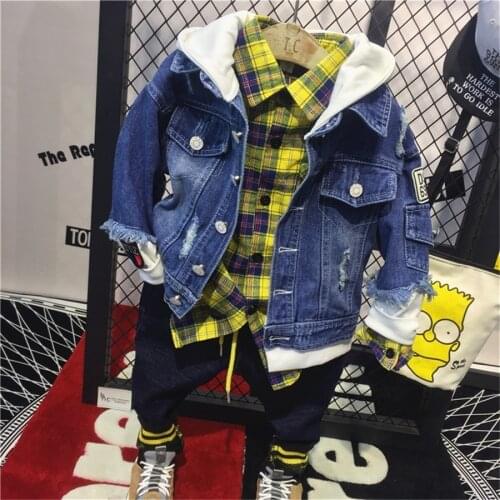 Kids Tracksuit Fashion Plaid Long Sleeves Shirts Hooded Denim Jackets Harem Pants 3pcs Boys Spring Clothing Set Baby Sport Suit