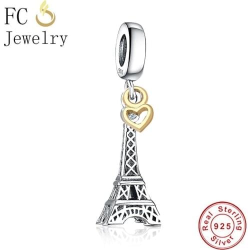 FC Jewelry Fit Original Charm Bracelet 925 Silver Gold Color Heart France Paris Eiffel Tower Bead For Making Valentine Berloque