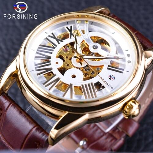 Forsining Official Exclusive Sale Brown Genuine Leather Roman Number Retro Design Men Watch Top Brand Automatic Wristwatch Clock