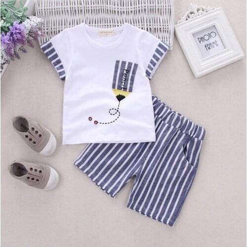 Baby Clothing Summer Unisex Boy Girl Pencil Short Sleeved T-shirts Tops + Striped Shorts 2PCS Infant Outfits Kids Bebes Clothes