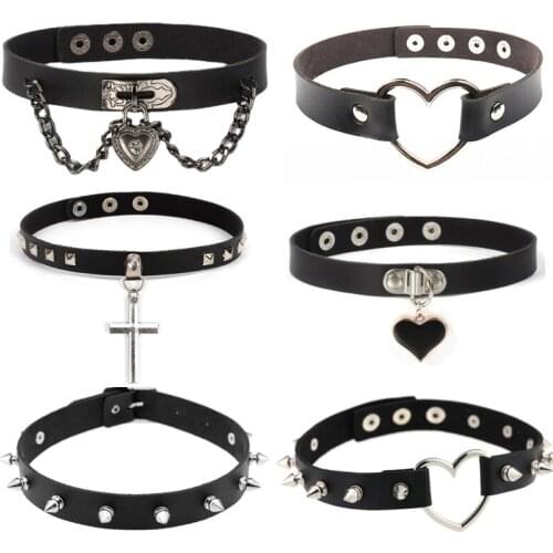 Harajuku Unique Punk Style Heart-Shaped Lock Love PU Leather Dark Choker Collar Rivet Gothic