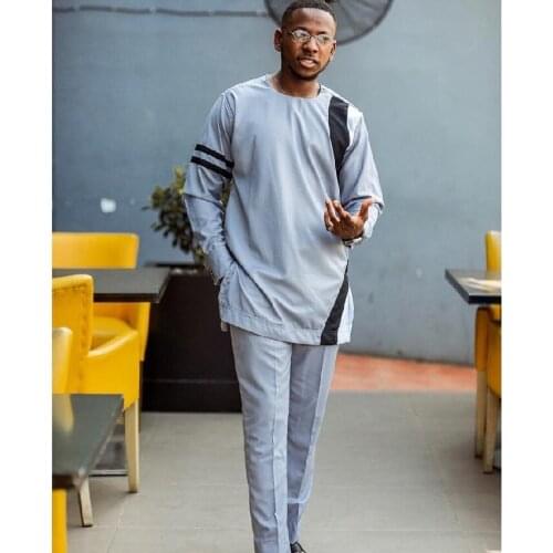 Cotton Mens Sets Patchwork Shirts+Solid Silver Gray Trousers Style African Fashion Custom Pant Suits Male Party Wear