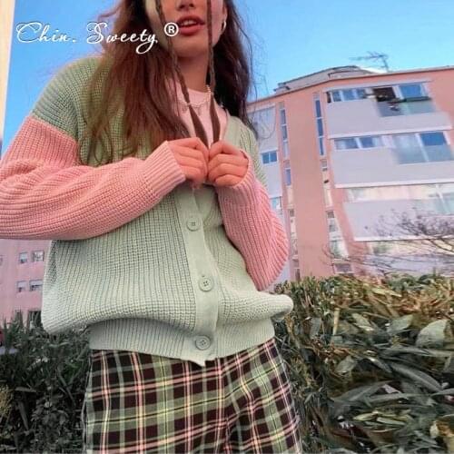 Knitted Womens Long Sleeve Sweater Cardigan 2021 Autumn Patchwork V-neck Single Breasted Sweaters Ladies Sweet Office Tops