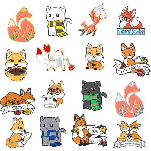 Book wine coffee couple fox Enamel Pin Custom Scarf fox Brooches Shirt Lapel Bag Funny Animal Plant Badge Jewelry Gifts for Kids