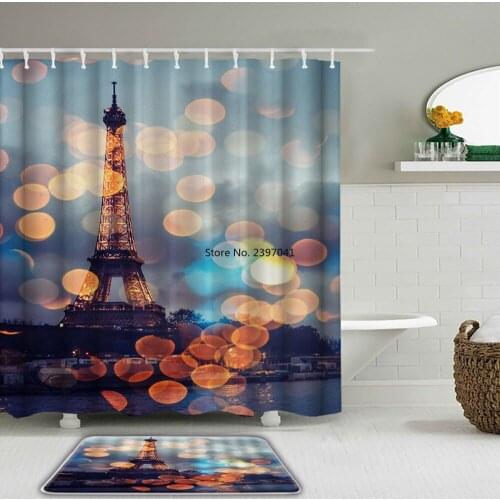 Paris Tower Scenery Shower Curtain Set With Hooks Waterproof Bath Curtains Bathroom Shower Curtains Non-slip Mat Toilet Bath Mat