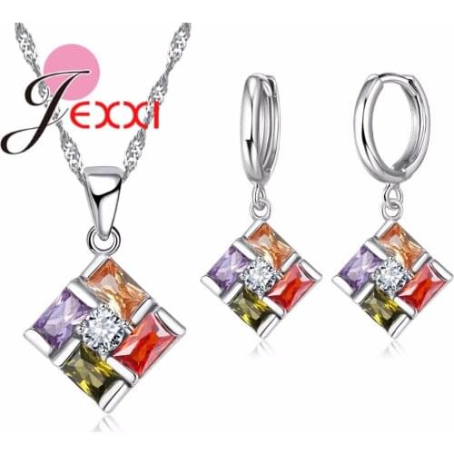Gorgeous Fashion Square Jewelry Set Classic Trendy Colorful Necklace Earrings for Women Wedding 925 Sterling Silver Bijoux