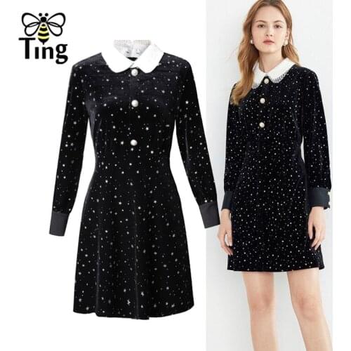 Tingfly Vintage Elegant Peter Pan Collar Velvet Mini Short Dress Glitter Star Sweet Girl Casual Dress Vestidos Frocks for Lady