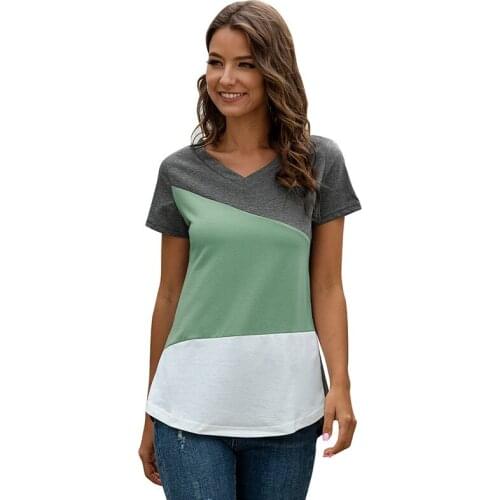 Fashion V-neck geometric Patchwork Color T-shirt Top 2020 Summer Women New Short Sleeve Casual Loose Korean Style harajuku Tee