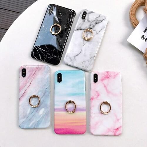 Fashion Glossy Marble Phone Case For iPhone X XS XR 6 6S 7 8 Plus Diamond Ring Stand Phone Holder For iPhone XS MAX