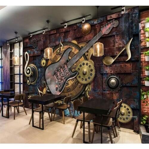 Custom Mural Wallpaper Wall Covering Retro Metal Gears Musical Notes Guitar Bar KTV Background Picture Decoration Wall Painting