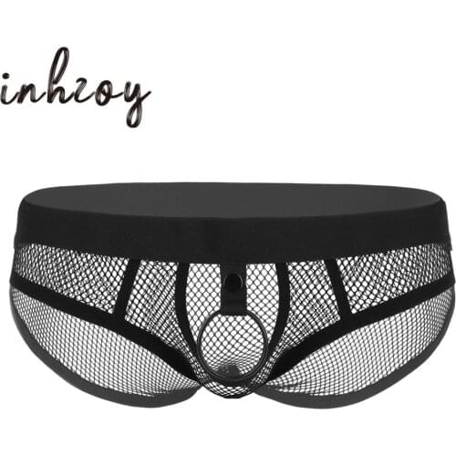Mens Sexy Underwear See Through Fishnet Lingerie Low Rise Elastic Waist Crotchless Bulge Pouch Penis Metal Rings Erotic Briefs