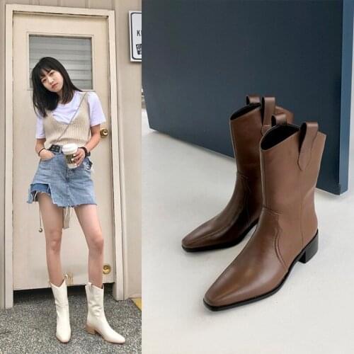 New Designer Western Black Ankle Boots Genuine Leather Square Toe Cowboy Boots Chunky Heel Boots Runway Ladies Womens Shoes