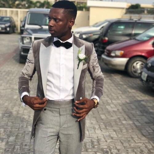 Jacket+Pants) Latest Design Slim Fit Velvet Grey Party Mens Dress Peak Lapel Groomsman Suit 2 Piece Man Blazer Custom Made