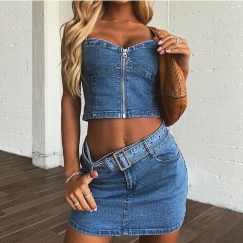 Puloru Summer Women Sexy Blue Denim Two Pieces Fashion Front Zipper Suspender Crop Tube Tops+Mini Bodycon Skirts Streetwear