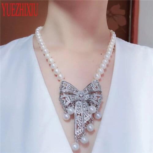 Rare Jewelry natural freshwater pearl Hand knotted 9-10mm white bowknot micro inlay zircon necklace 18inch