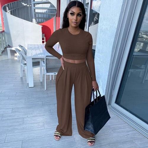 RMSFE 2021 Womens Long Sleeve Crew Neck Fashion Casual Sports Wide Leg Pants Solid Autumn Winter Two Piece Set