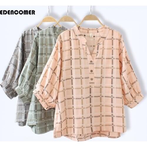 Large Size Shirt 2020 Spring and Summer New Style V-neck Three Buckles Cotton Blouses Plaid Shirt Plaid Half-sleeve Shirts