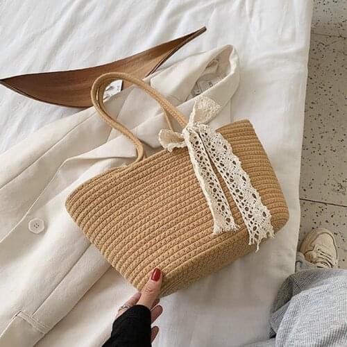Women Straw Bag Scarf Wild Woven Handbag Rattan Woven Shoulder Bags Vacation Beach Bucket Packs Handbags