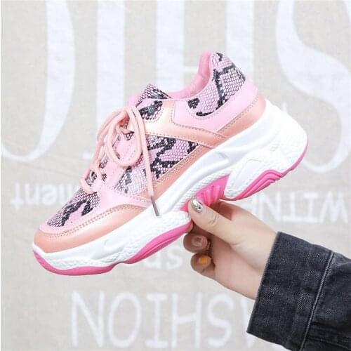 2020 Trend Womens Sneakers Snakeskin Chunky Sneakers Pink For Women Leather Casual Lace Up Sport Shoes Big Size 41