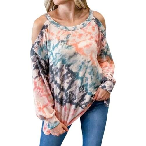 Tie-dyed Womens Hollow Off-the-shoulder Top Long Sleeve Round Neck T-shirt Ladies Casual Pullover Street Wear Shopping Dating